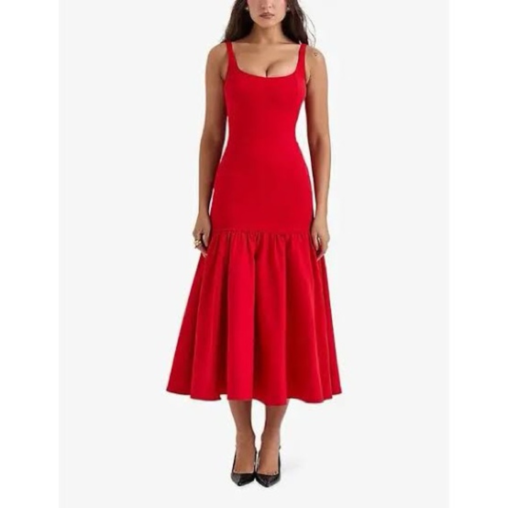 House of CB Red Scoop-Neck Midi Dress drop waist xs amore scarlet - Picture 3 of 15